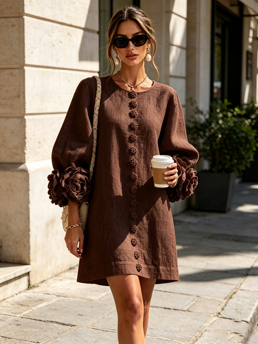 Floral Button-down Linen Blend Mini Dress With Striking Floral Cuffs