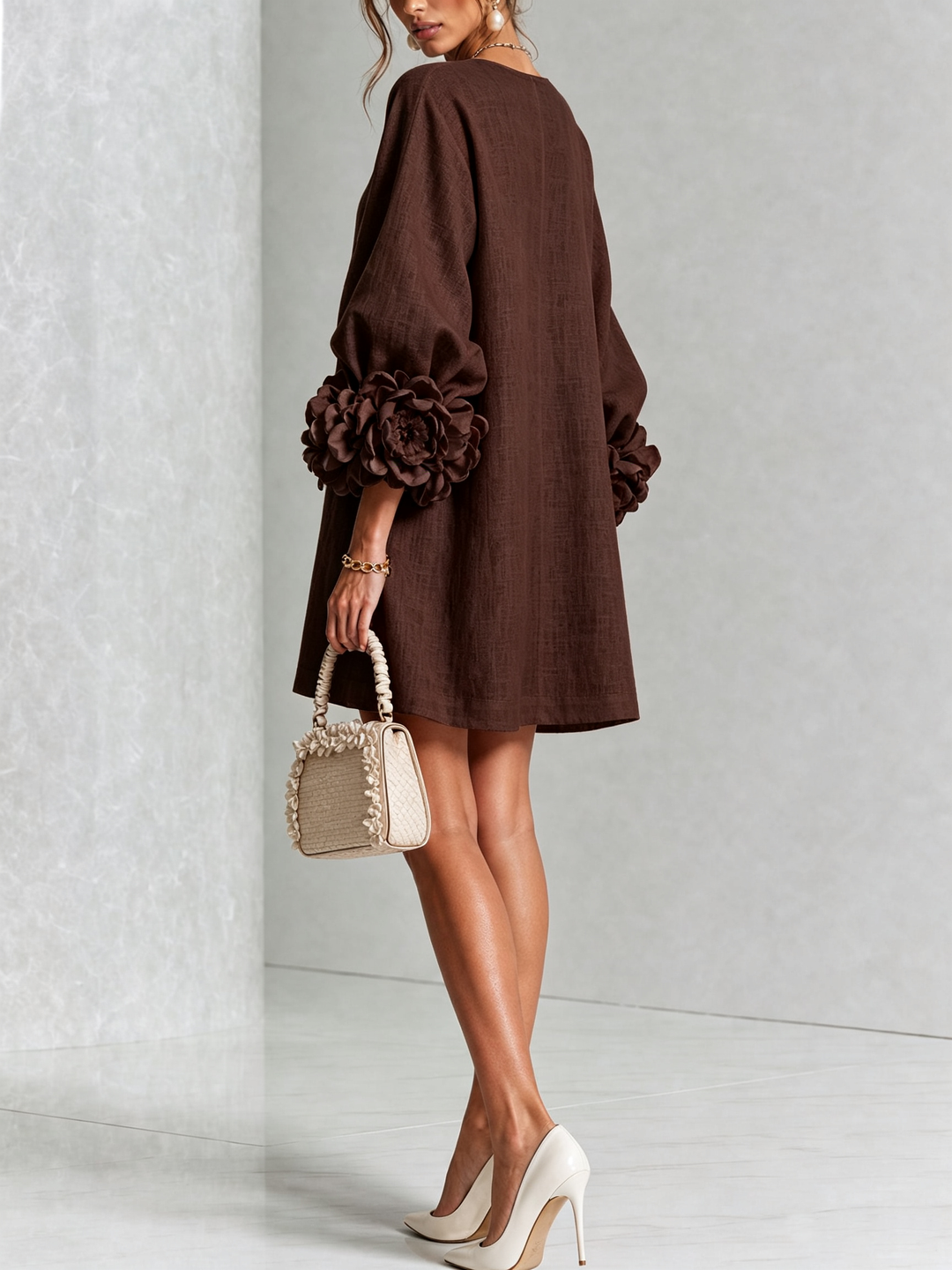 Floral Button-down Linen Blend Mini Dress With Striking Floral Cuffs