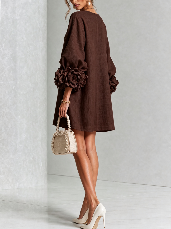 Floral Button-down Linen Blend Mini Dress With Striking Floral Cuffs