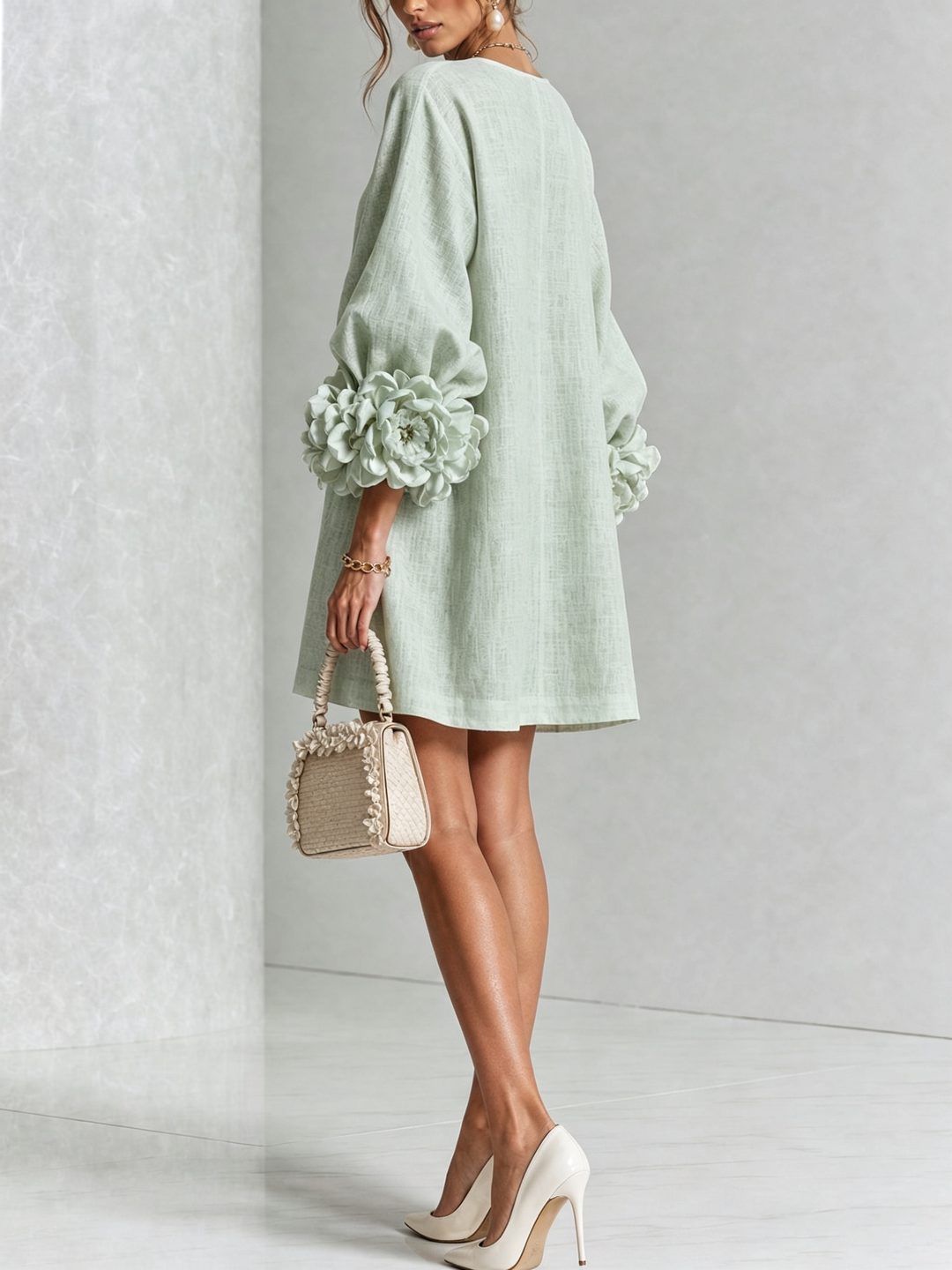 Floral Button-down Linen Blend Mini Dress With Striking Floral Cuffs