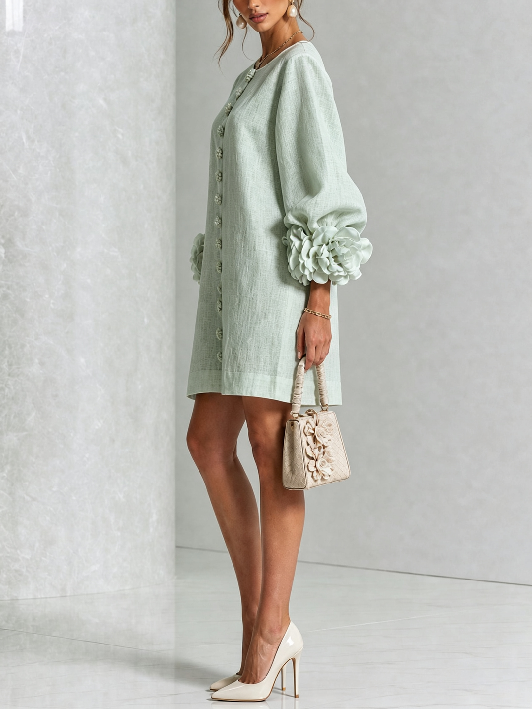 Floral Button-down Linen Blend Mini Dress With Striking Floral Cuffs