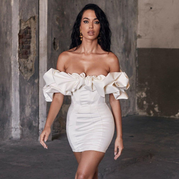 Zari Satin Ruffles Off Shoulder White Mini Dress