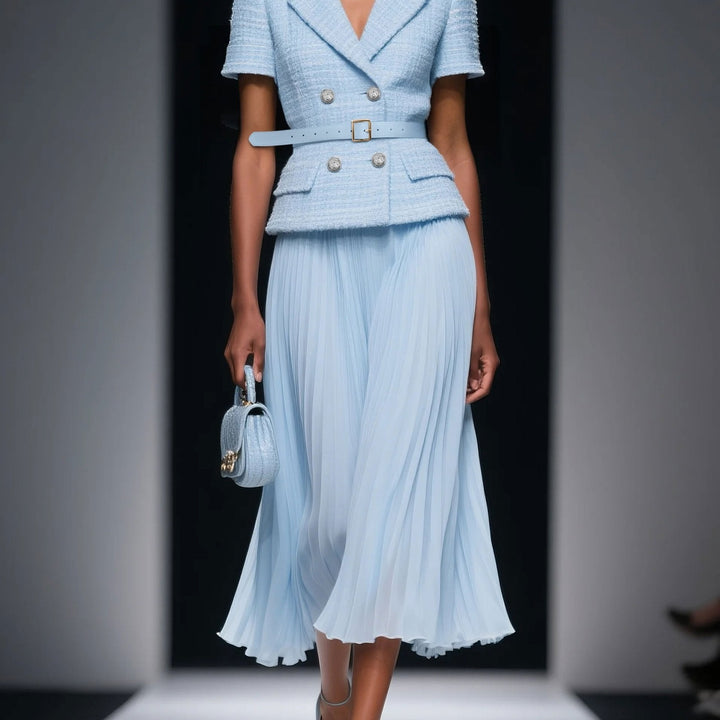 Elegant Light Blue Short-Sleeve Thickened Waistcoat Suit Jacket And Pleated Chiffon Pleated Half-Length Skirt Urban Office Suit Half-Length Skirt Set