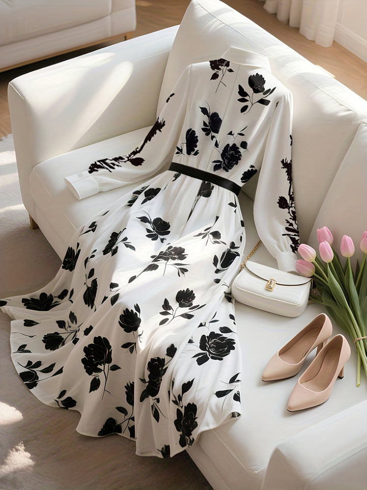 Spring/Autumn New French Retro Floral Print, Elegant Long Dress with Belt, Women&