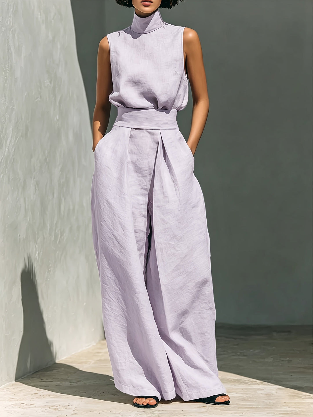 Minimalist Lazy Style Linen Sleeveless Stand-Up Collar Top with High-Waisted Wide-Leg Pants Loose And Two-Piece Set Temperament Casual Commuting Suit [ZLLZ]