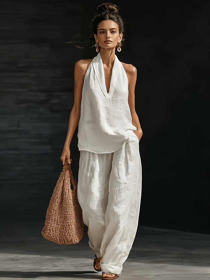 Linen V-Neck Top and Wide-Leg Pants Set