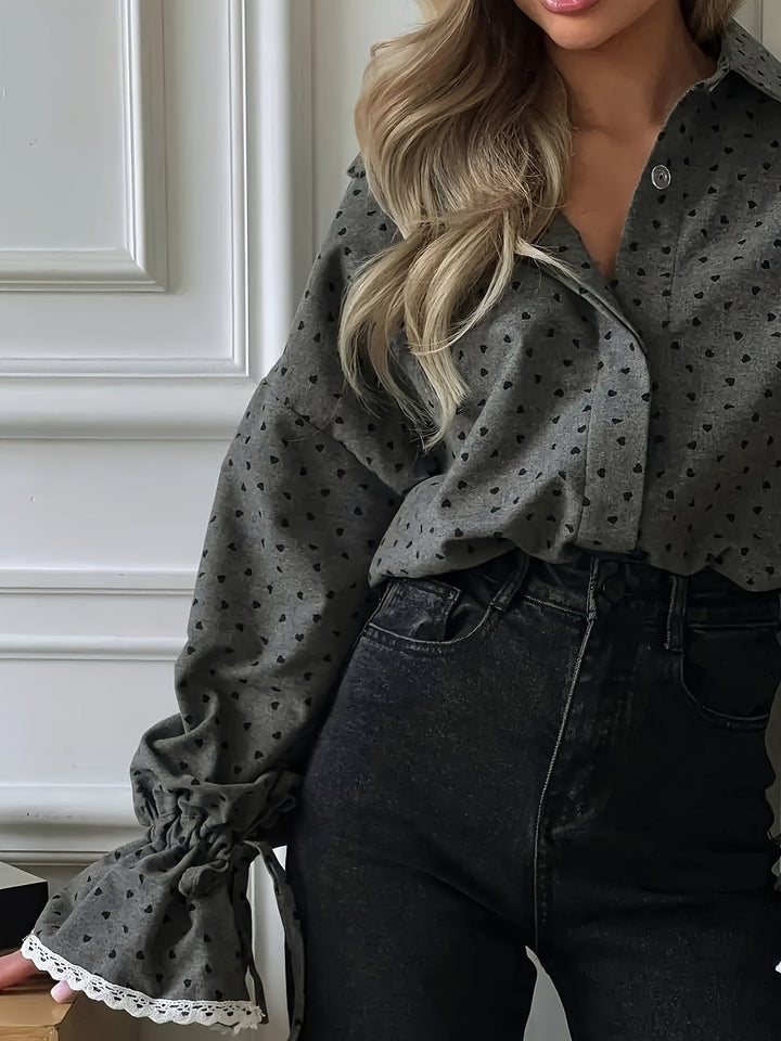 Elegant Heart Print Ruffled Sleeve Autumn Blouse