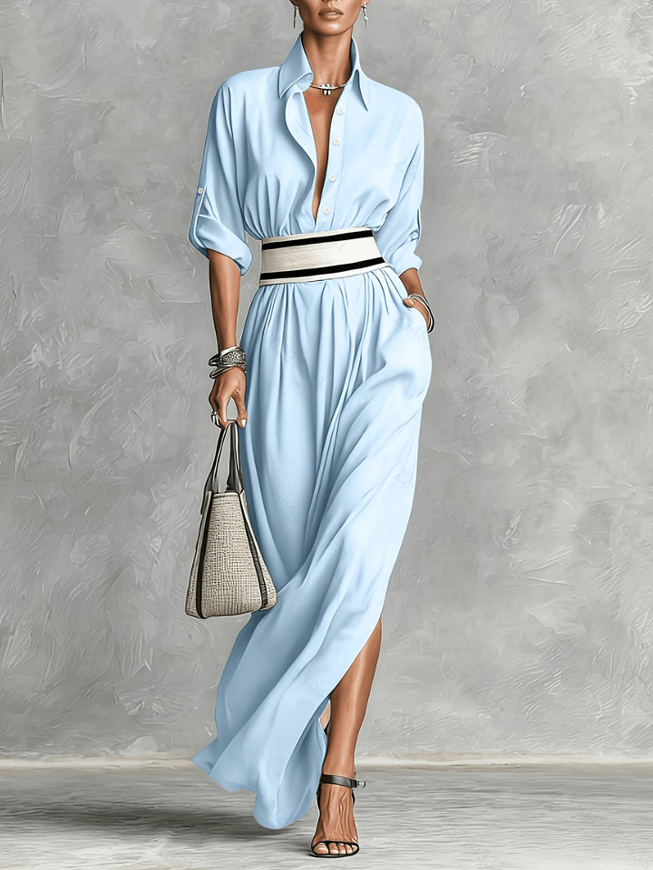 French Retro Lapel Belted Maxi Dress