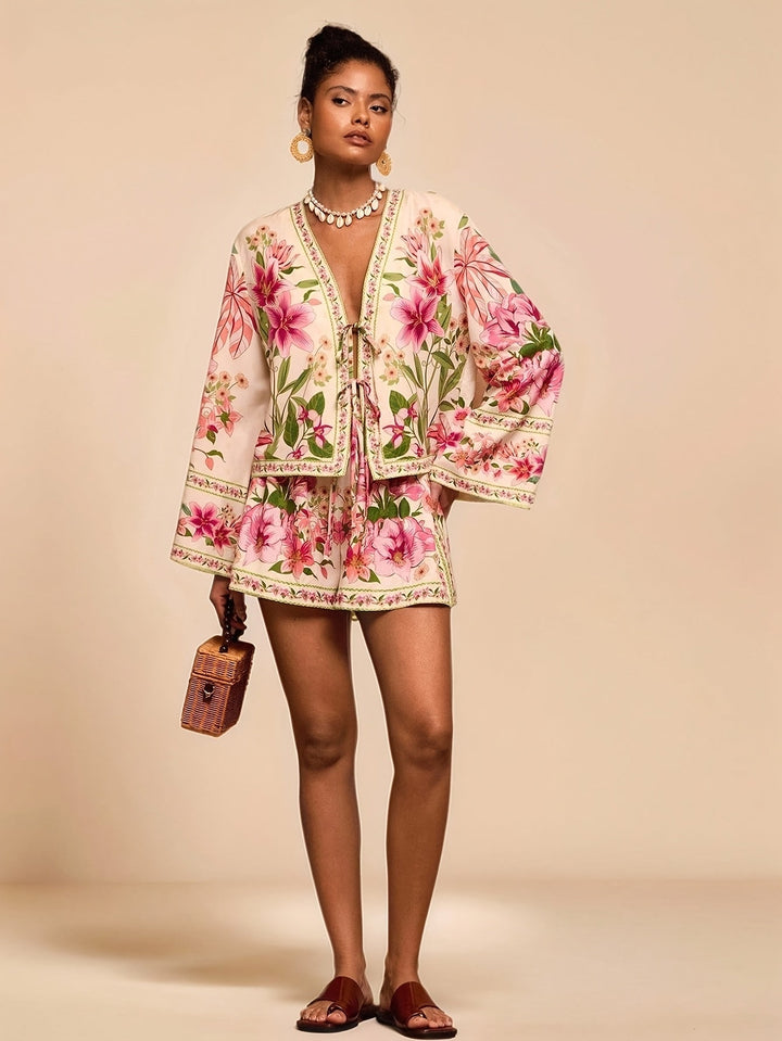 Chic Holiday Print Shirt  Shorts Set