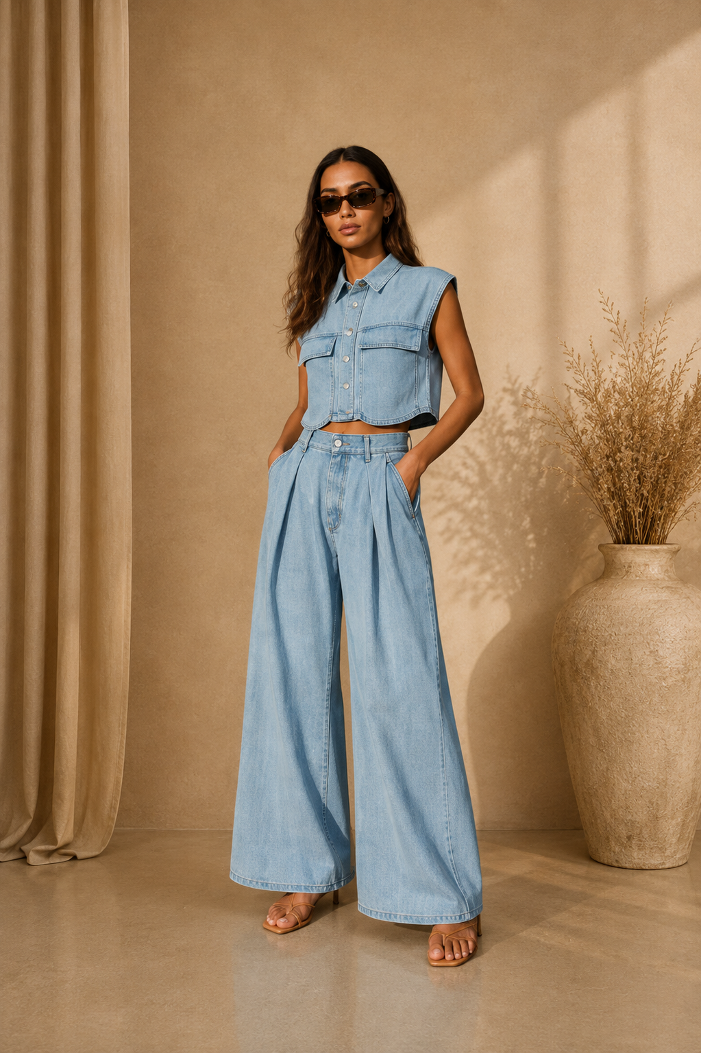 Sleeveless Crop Denim Top &amp; Pleated Pants Set