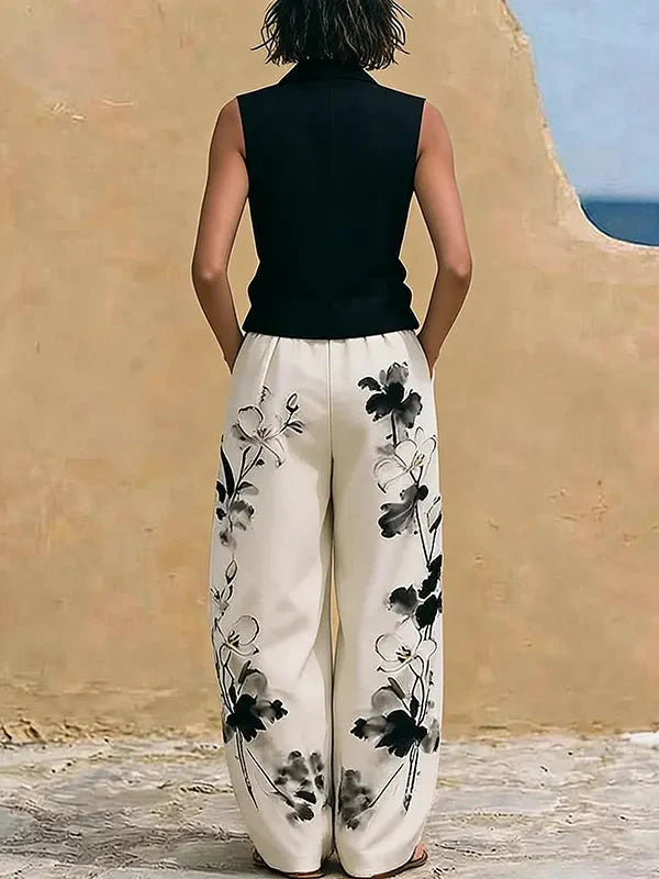 Jasmine | Floral Embroidered Vest Wide-Leg Pants Set