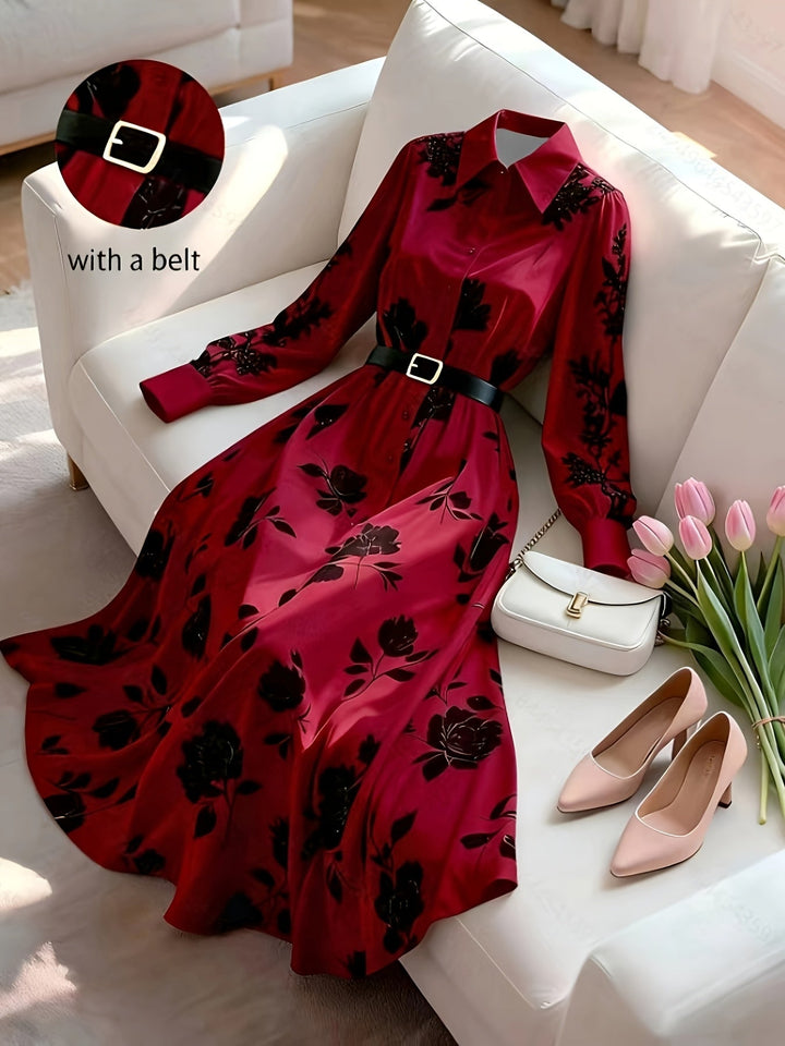 Spring/Autumn New French Retro Floral Print, Elegant Long Dress with Belt, Women&