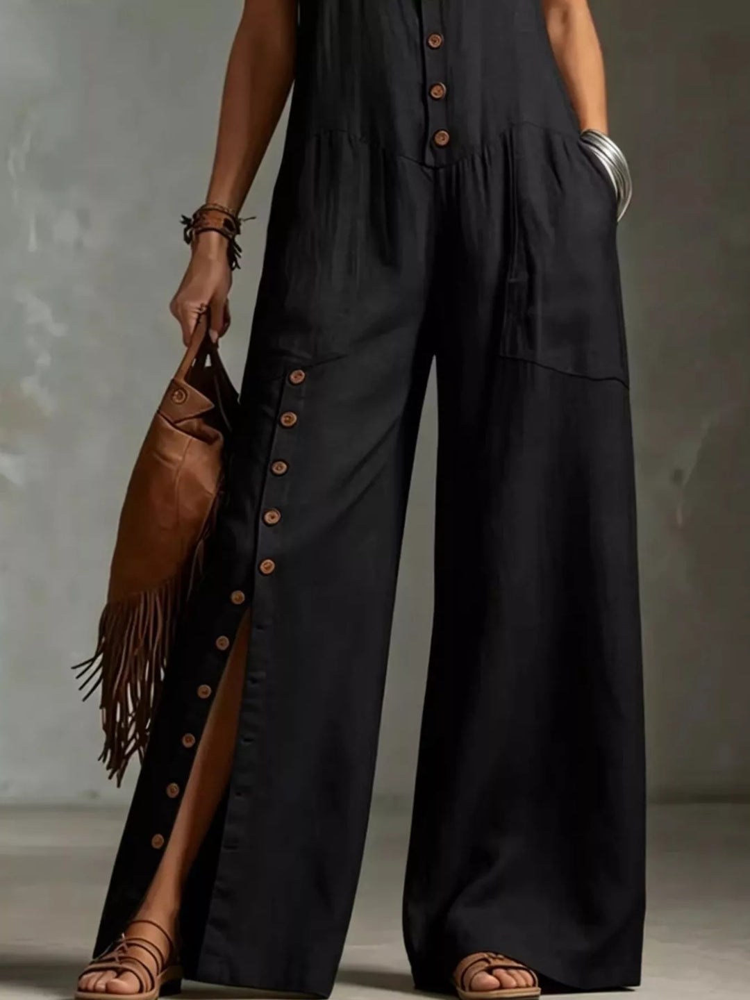 Sleeveless Button-Front Wide-Leg Jumpsuit — Plus Size
