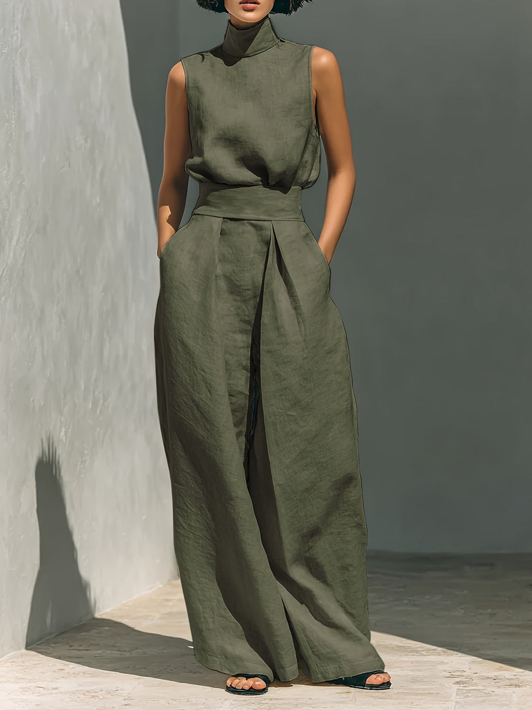 Minimalist Lazy Style Linen Sleeveless Stand-Up Collar Top with High-Waisted Wide-Leg Pants Loose And Two-Piece Set Temperament Casual Commuting Suit [ZLLZ]