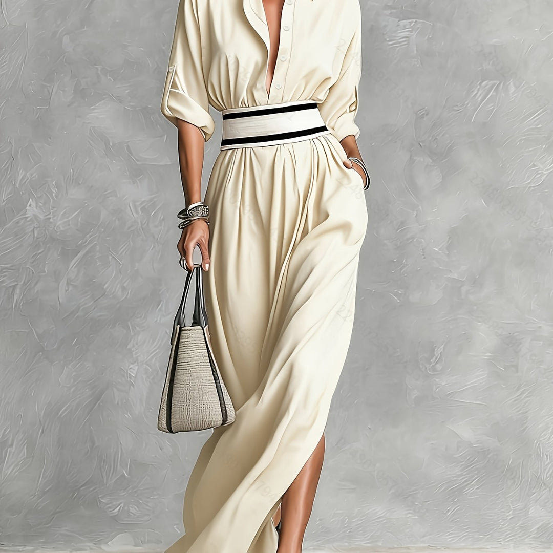 French Retro Lapel Belted Maxi Dress