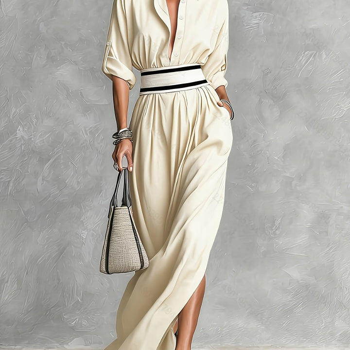 French Retro Lapel Belted Maxi Dress