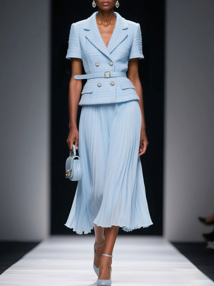 Elegant Light Blue Short-Sleeve Thickened Waistcoat Suit Jacket And Pleated Chiffon Pleated Half-Length Skirt Urban Office Suit Half-Length Skirt Set
