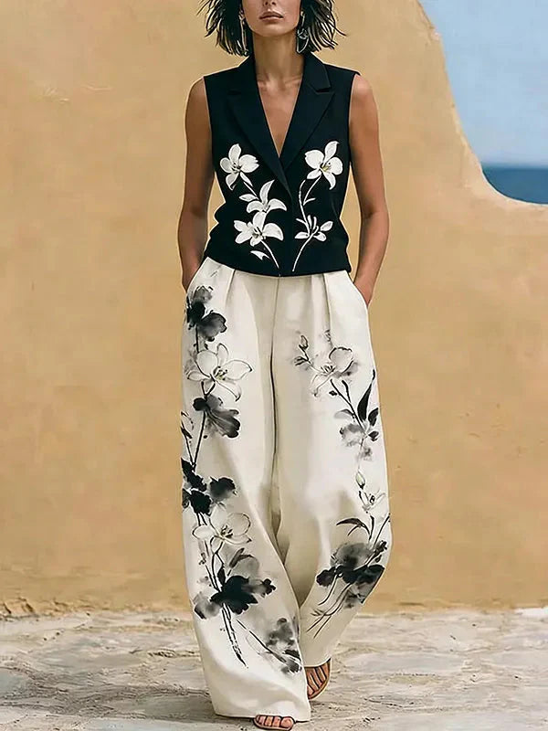 Jasmine | Floral Embroidered Vest Wide-Leg Pants Set