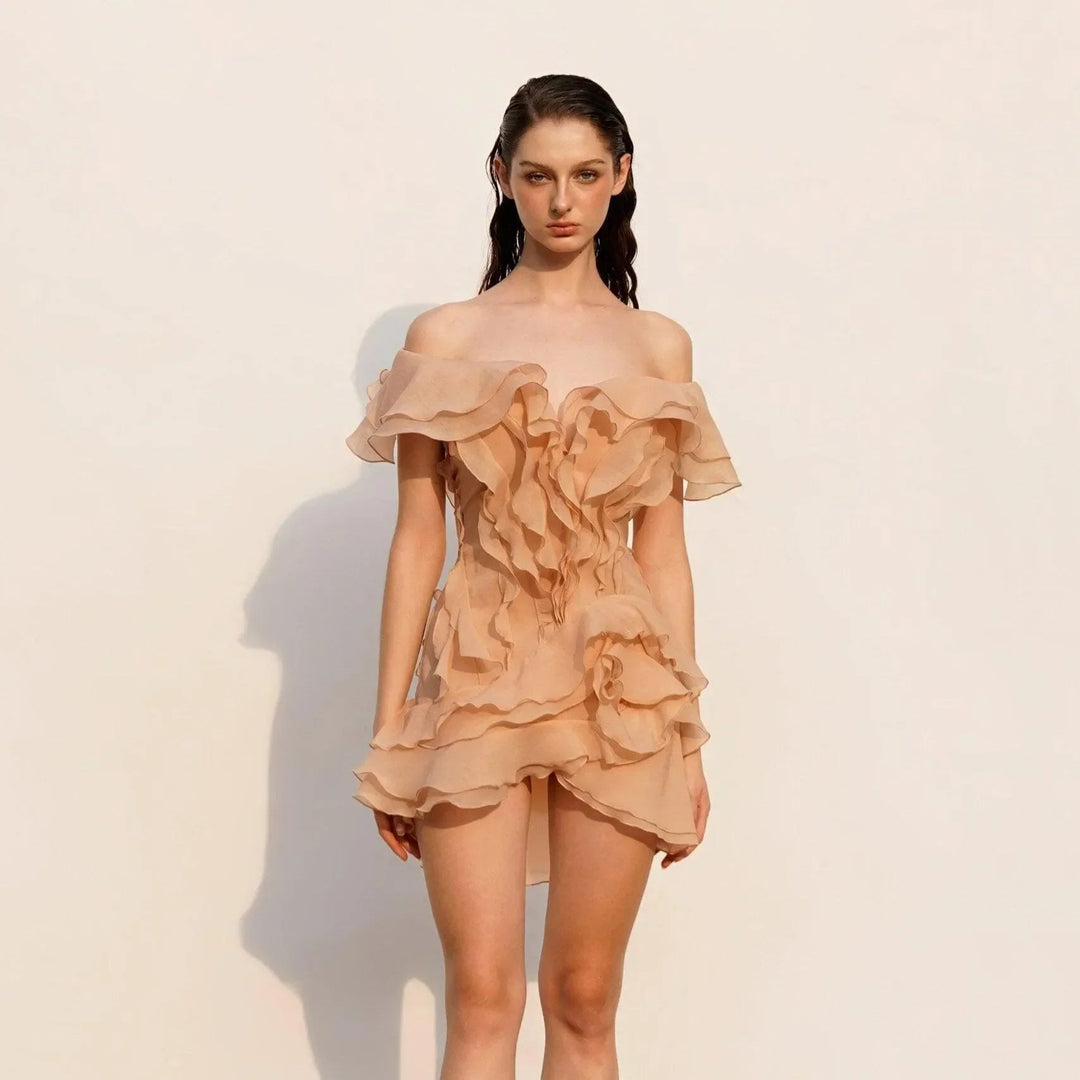 Because Of You Ruffle Layers Beige Mini Dress