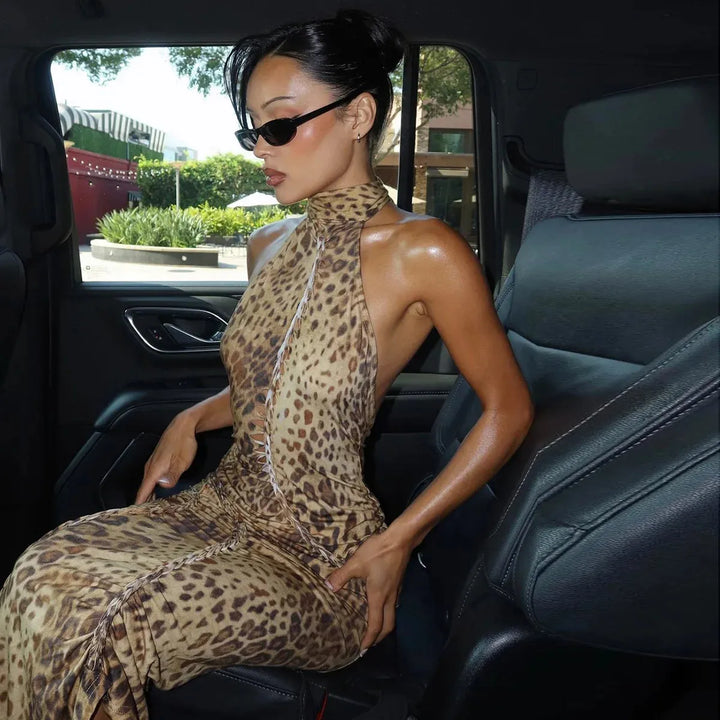 Bengal Beauty Leopard Print Backless Maxi Dress