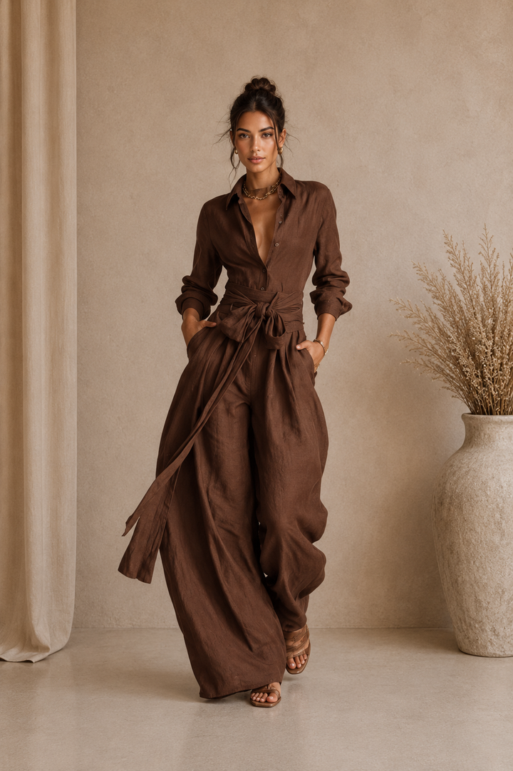 Elegant  Cotton-linen Long-sleeved Shirt Collar Jumpsuit