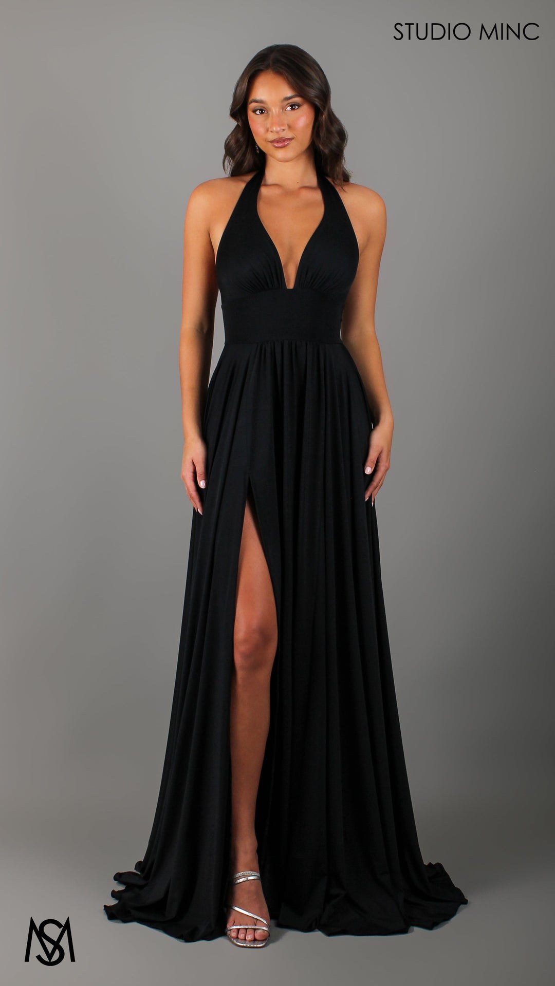 LOVE - Black Flowy Formal Dress with Plunge Neckline &amp; Leg Split