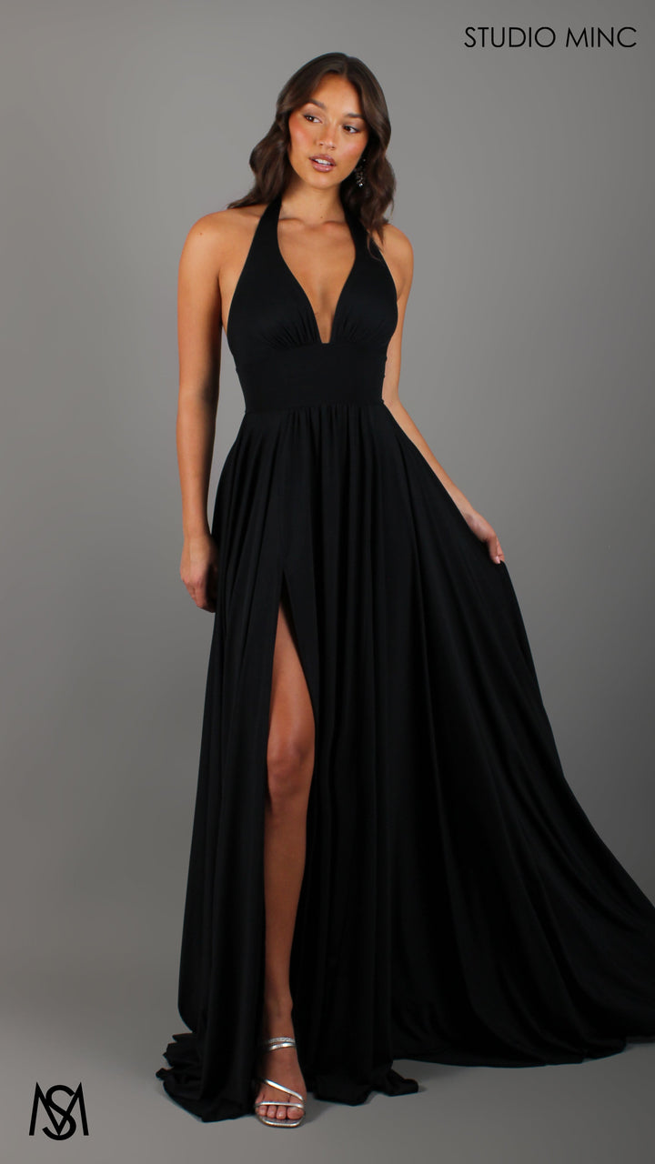 LOVE - Black Flowy Formal Dress with Plunge Neckline &amp; Leg Split