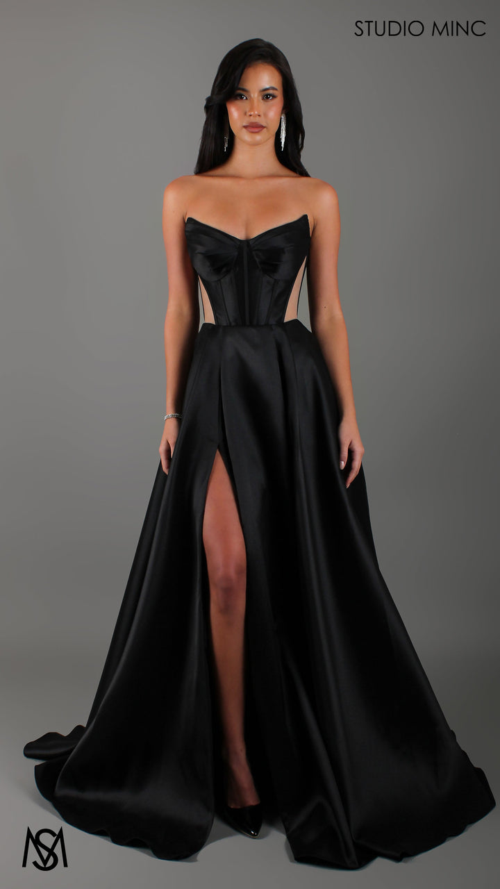 Lunar - Black Formal Dress, satin strapless boned corset net cut outs lace up gown pockets leg slit