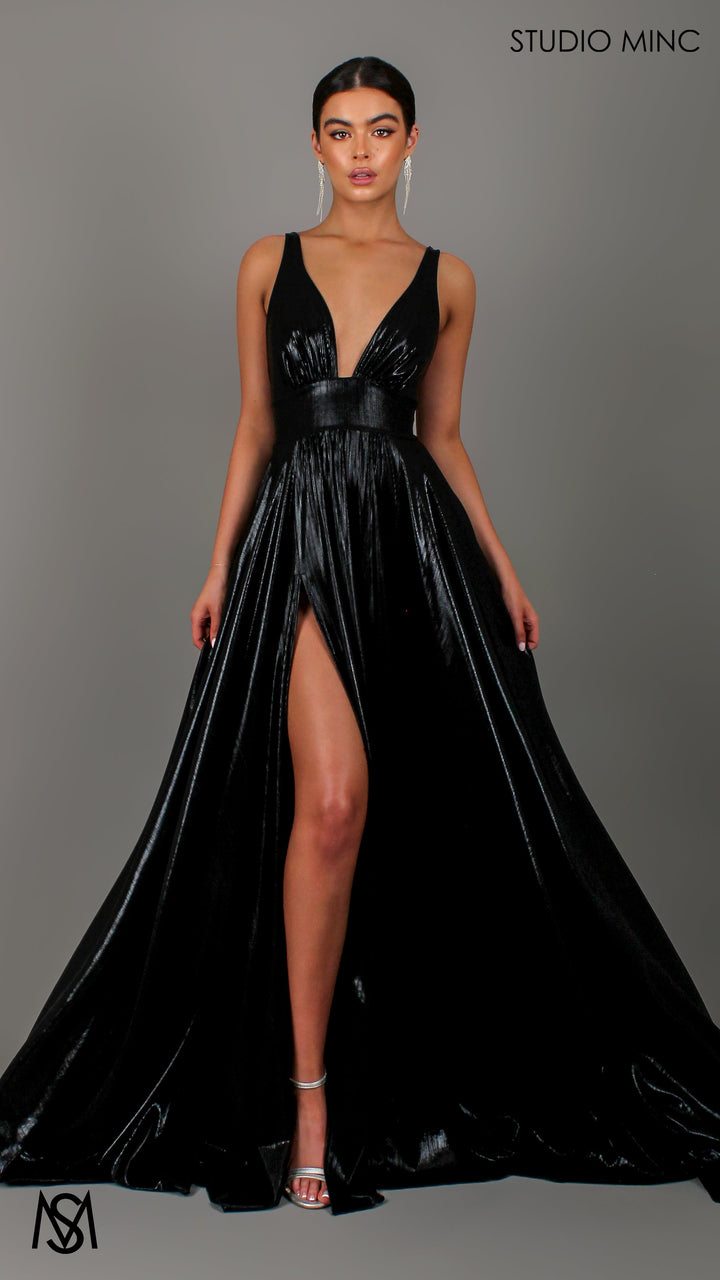 Lustre - Black Formal Dress, Metallic V Plunge Neckline with leg Split