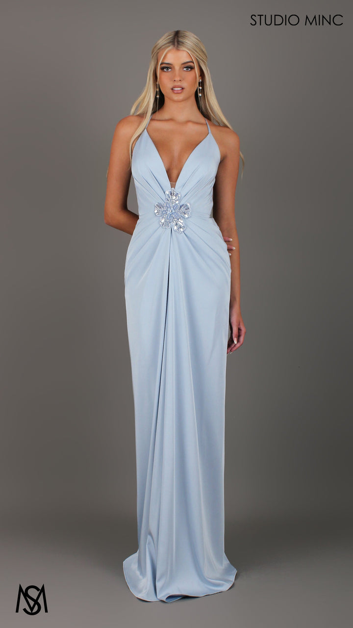 Bloom - Light Blue Formal dress | Plunge V neckline draping floral pearl detail