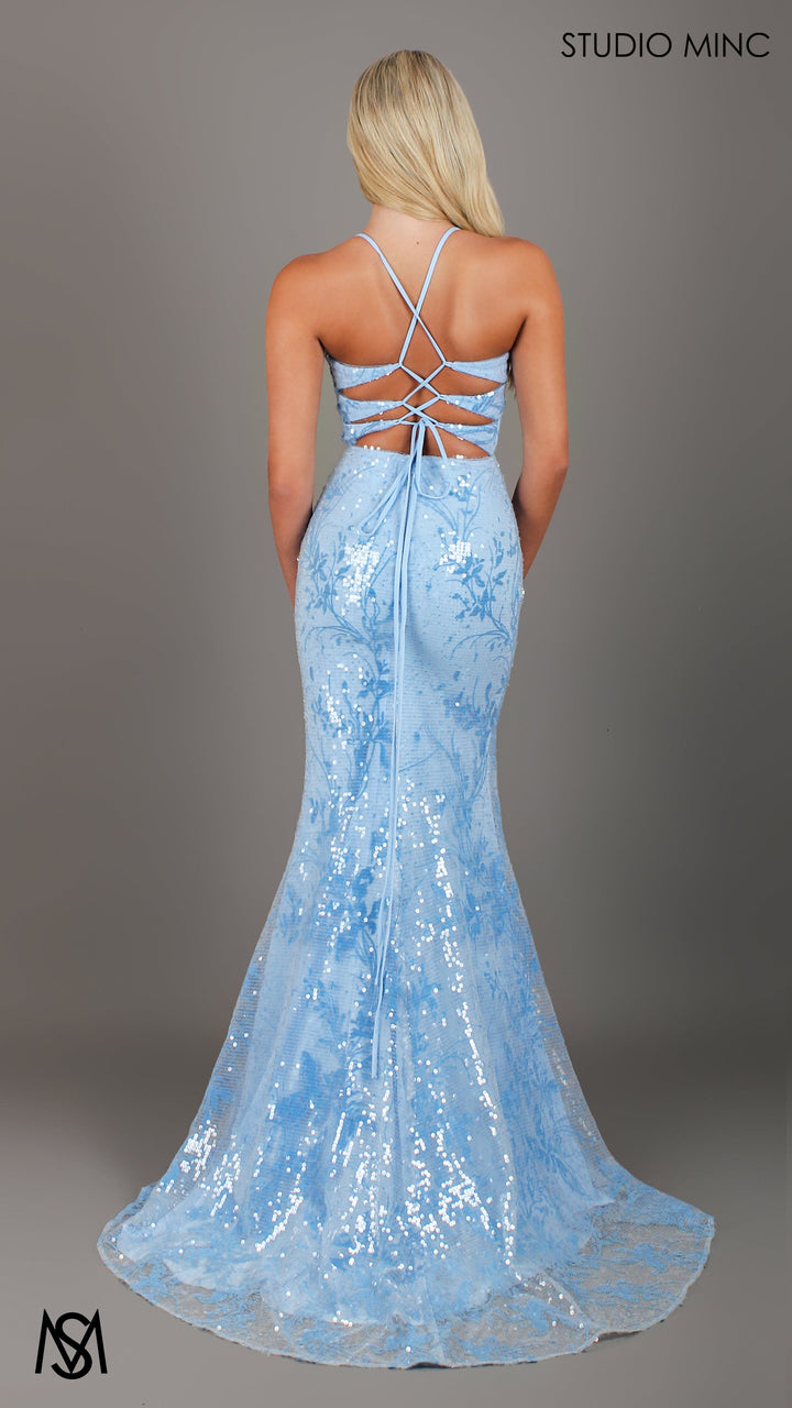 Peony - Light Blue Formal Dress | Two tone floral sequin fitted mermaid lace up