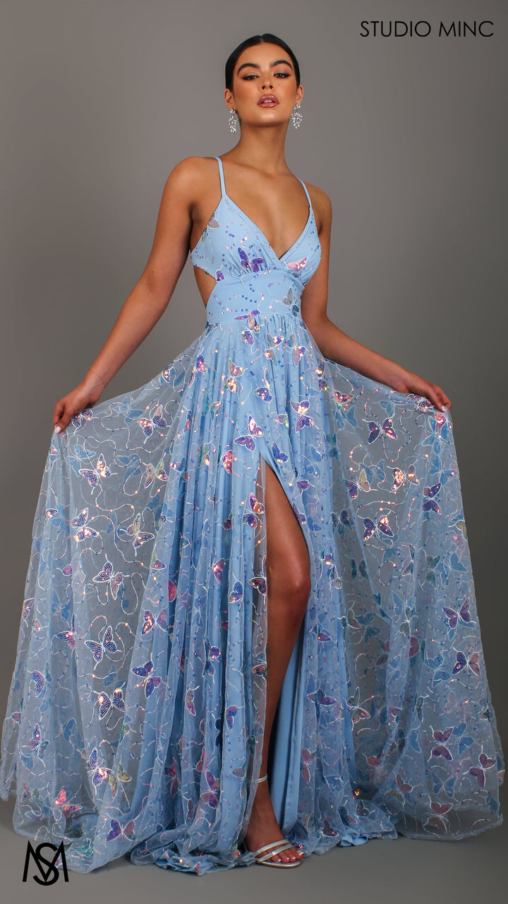 EUPHORIA - Blue Formal Gown with butterfly Sequin embellishment