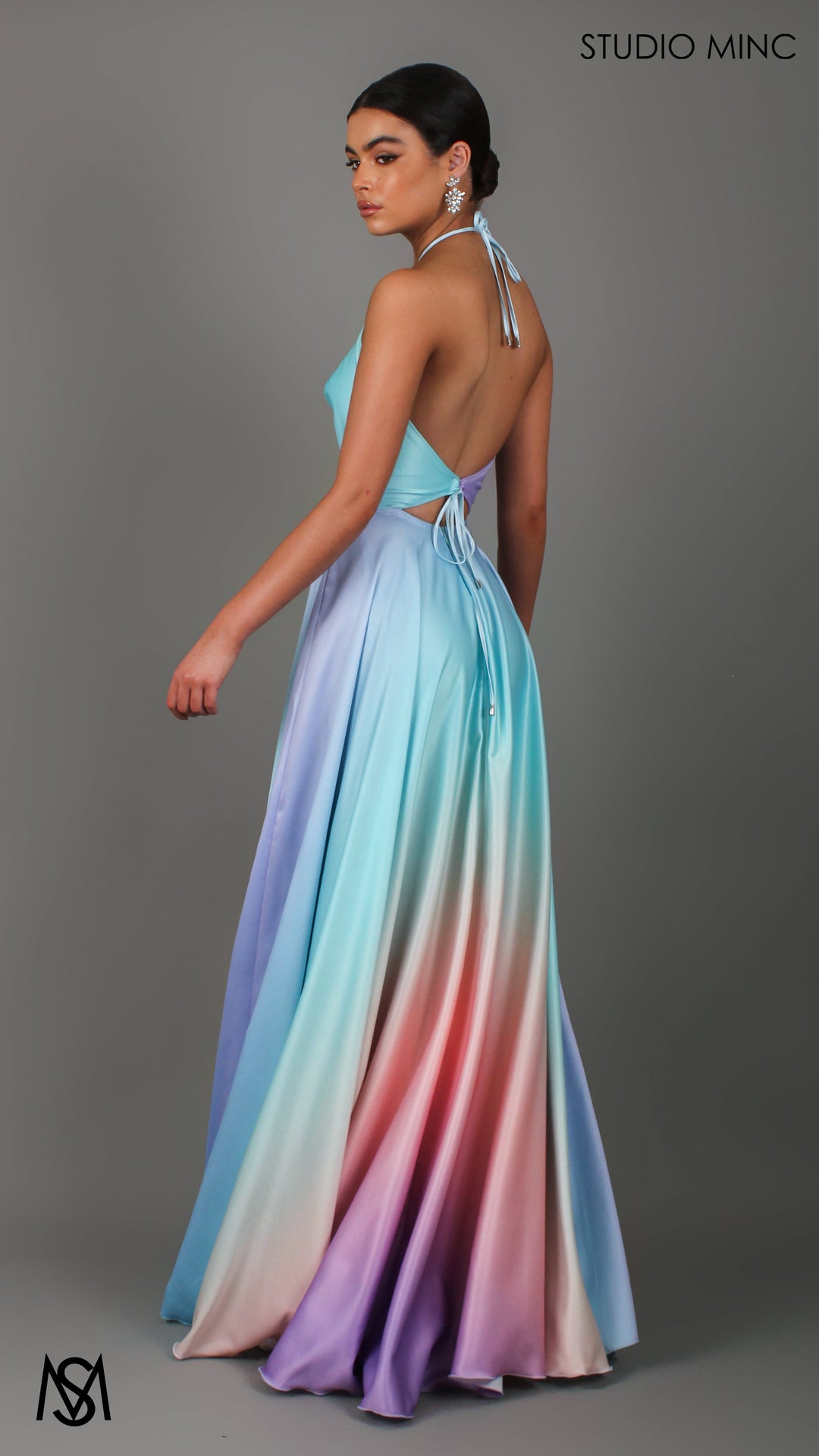 SUNSET BLUE - Blue Multi Colour Formal Dress, Satin High Neck Plunge &amp; Backless