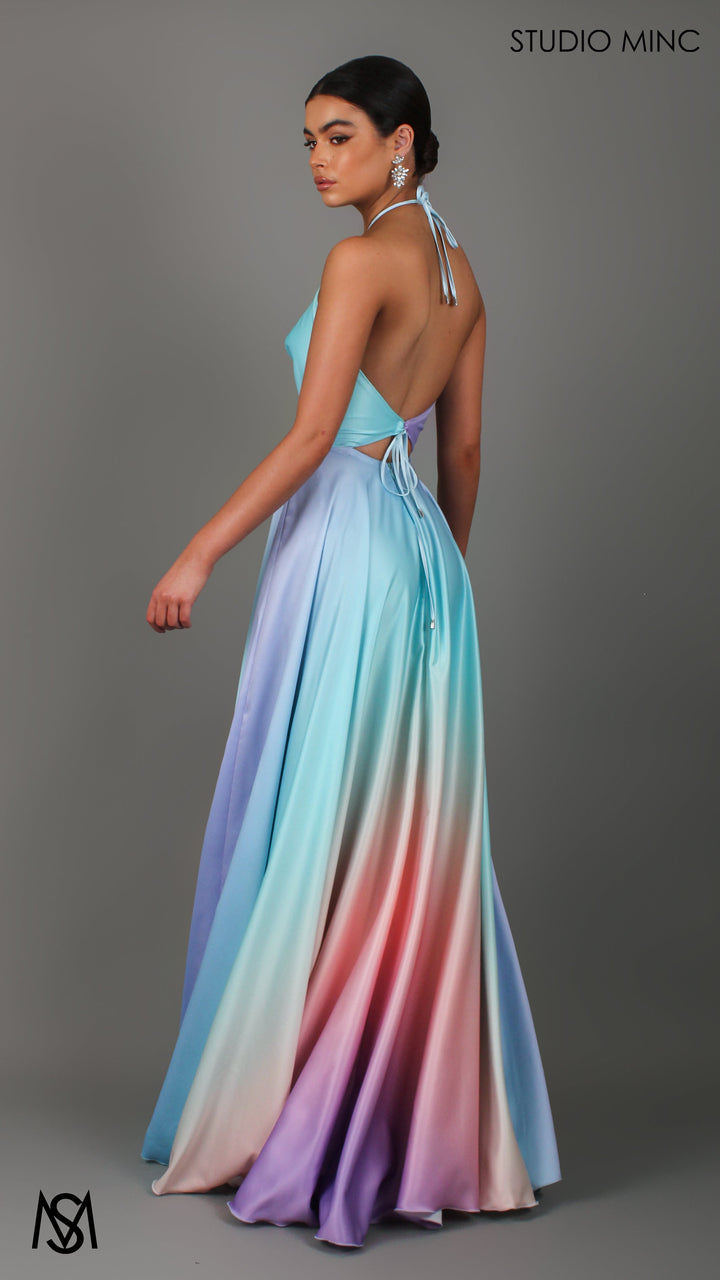 SUNSET BLUE - Blue Multi Colour Formal Dress, Satin High Neck Plunge &amp; Backless