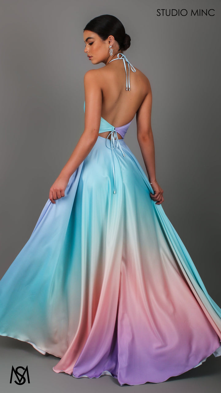 SUNSET BLUE - Blue Multi Colour Formal Dress, Satin High Neck Plunge &amp; Backless