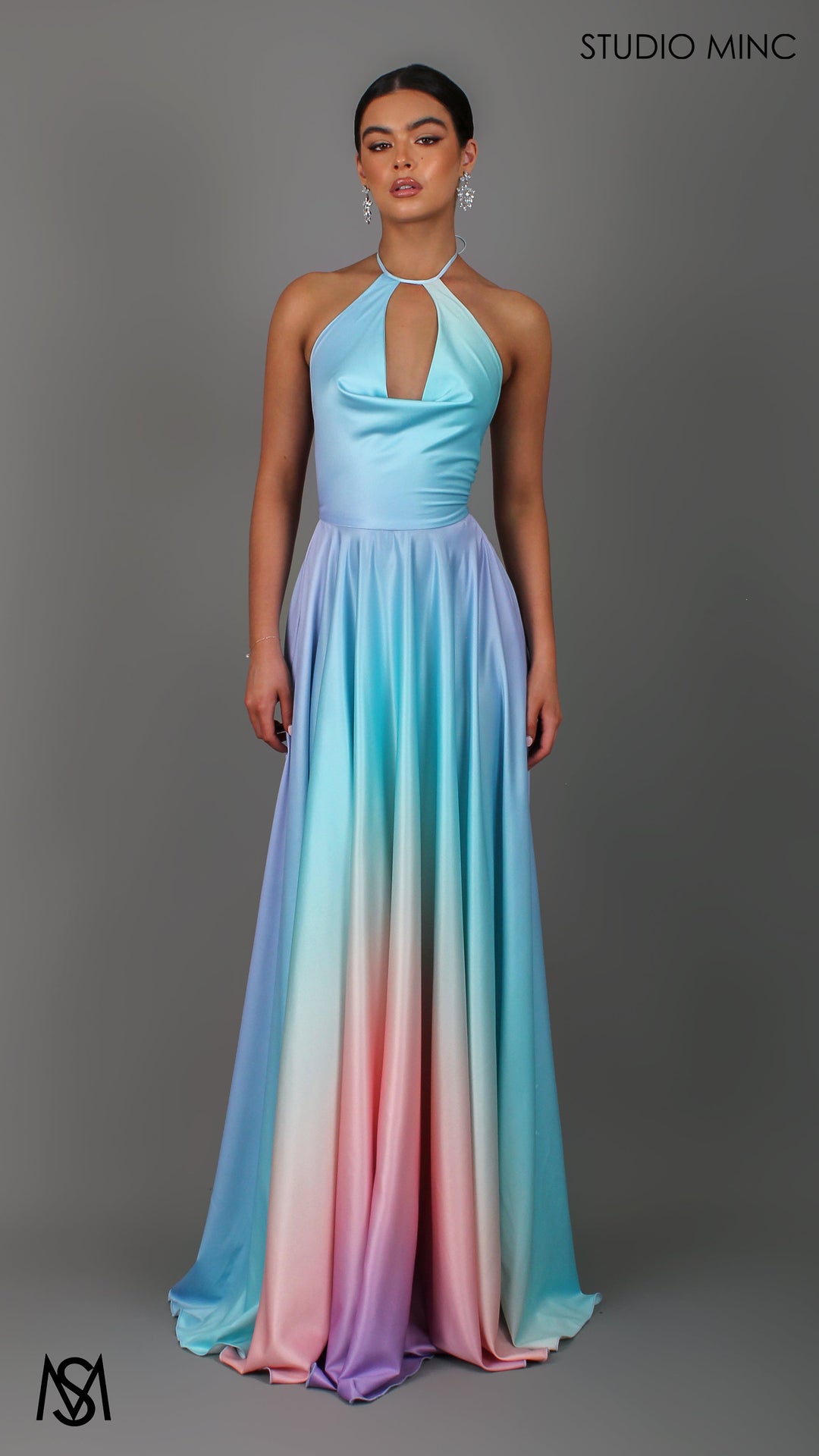 SUNSET BLUE - Blue Multi Colour Formal Dress, Satin High Neck Plunge &amp; Backless