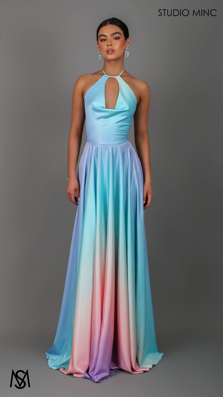 SUNSET BLUE - Blue Multi Colour Formal Dress, Satin High Neck Plunge &amp; Backless