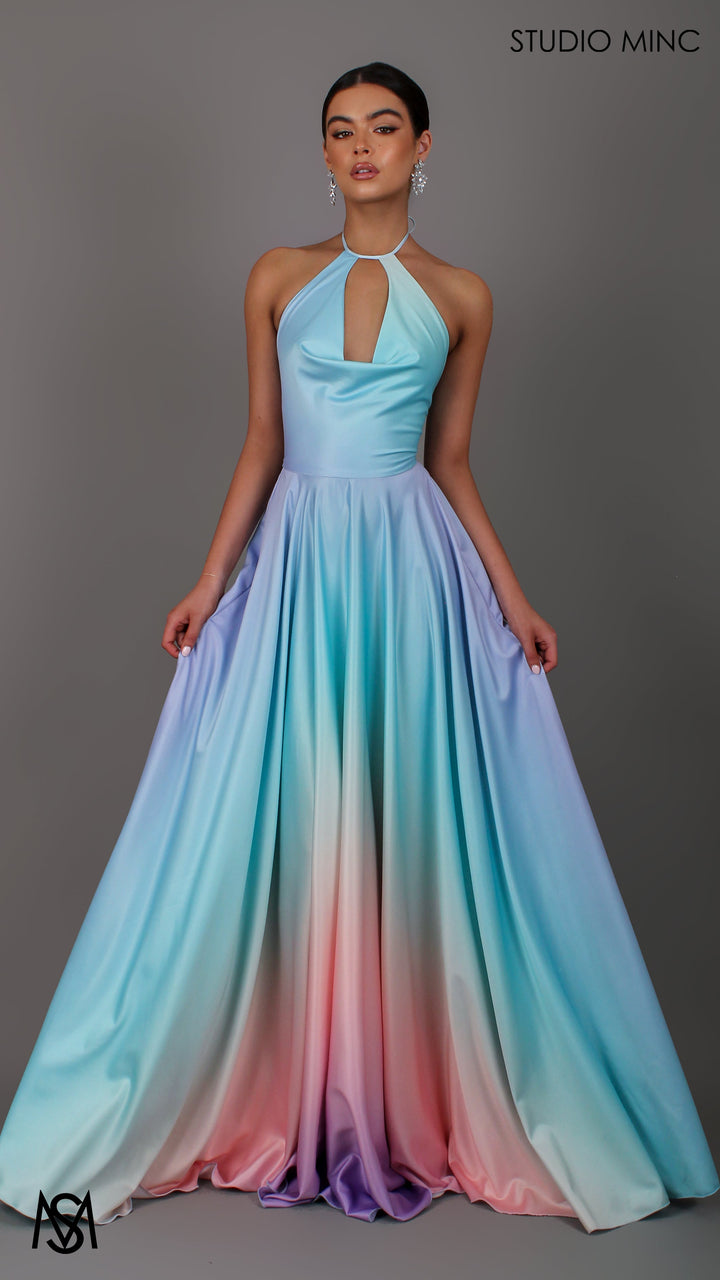 SUNSET BLUE - Blue Multi Colour Formal Dress, Satin High Neck Plunge &amp; Backless
