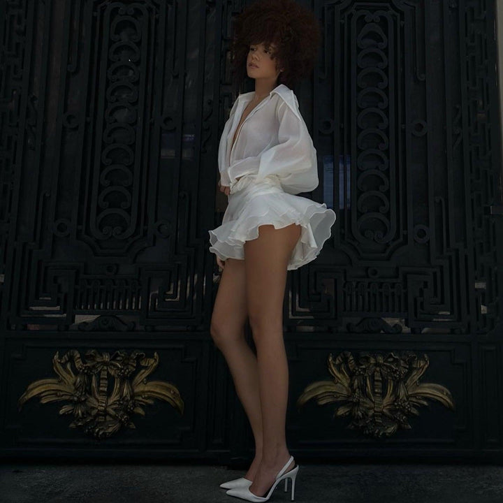 BouChic Pleated Shirt Mini Dress with Floral Belt