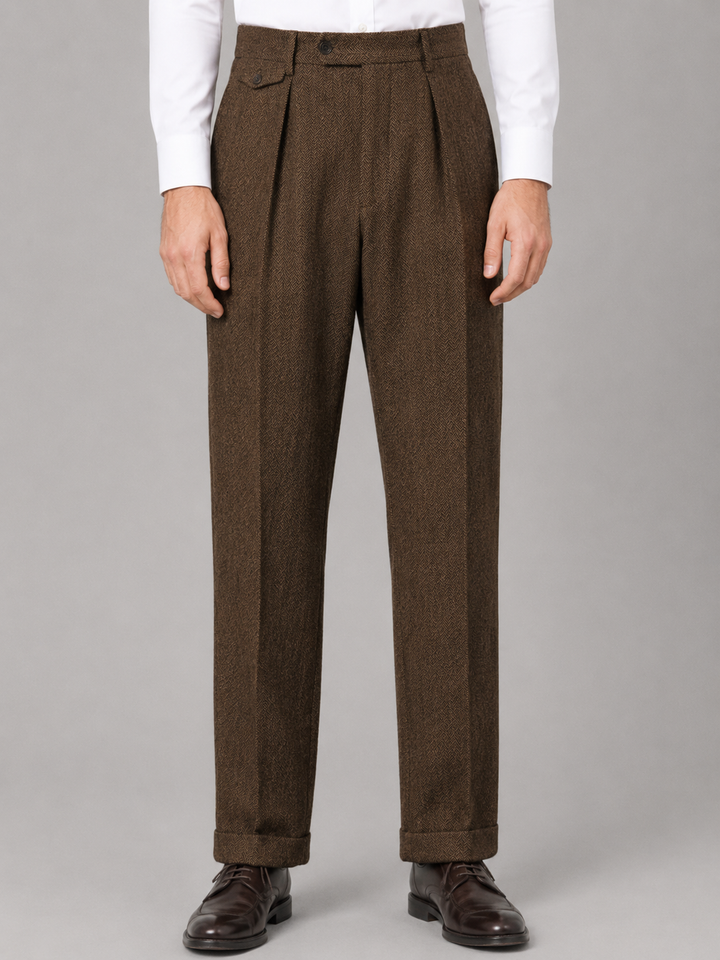 Men’s Herringbone Pleated Tailored Trousers – Straight Leg Tailored Fit | Nero &amp; Luya