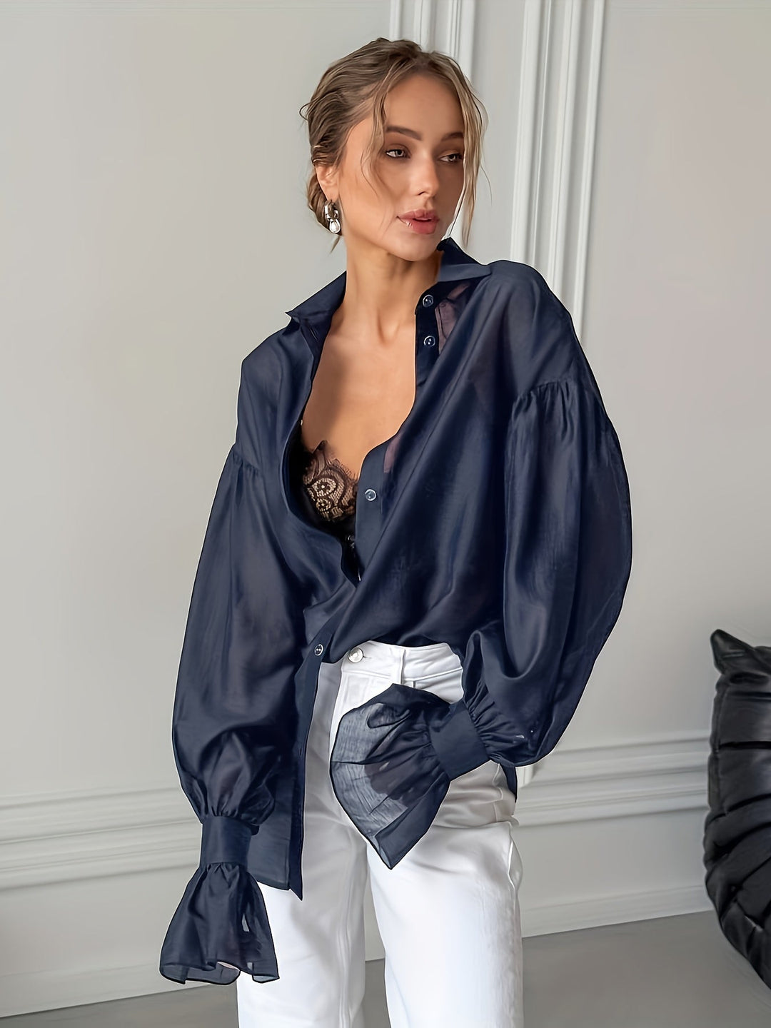 Sheer Bell Sleeve Loose Shirt