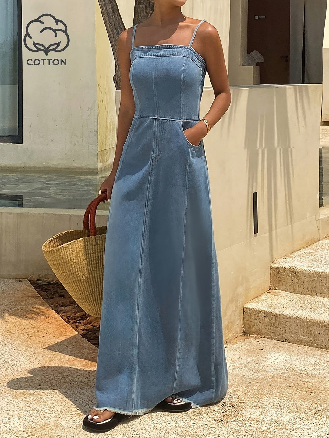 Acid Wash Denim Maxi Cami Dress