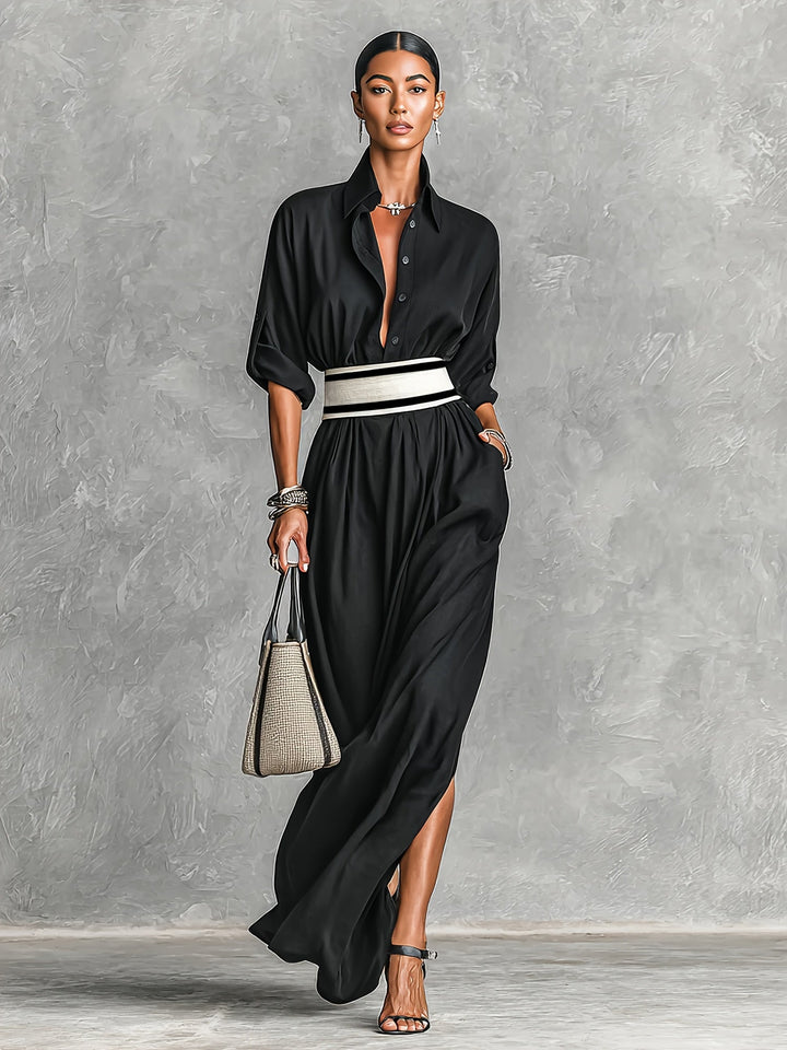 French Retro Lapel Belted Maxi Dress