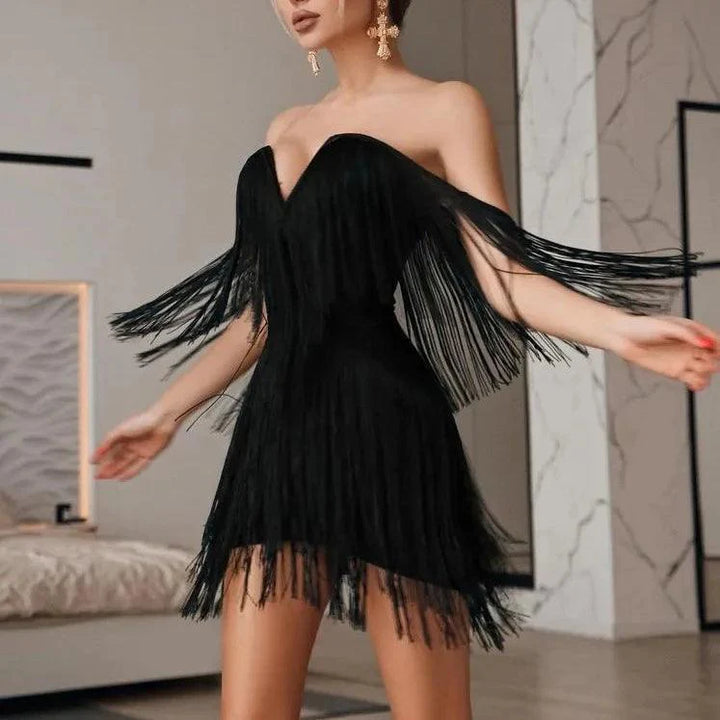 Celestial Chic Black Tassel Off-Shoulder Mini Dress