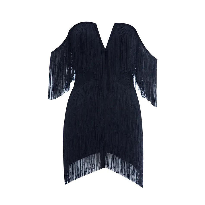 Celestial Chic Black Tassel Off-Shoulder Mini Dress