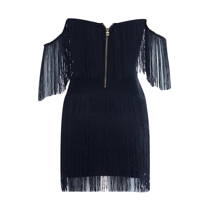 Celestial Chic Black Tassel Off-Shoulder Mini Dress
