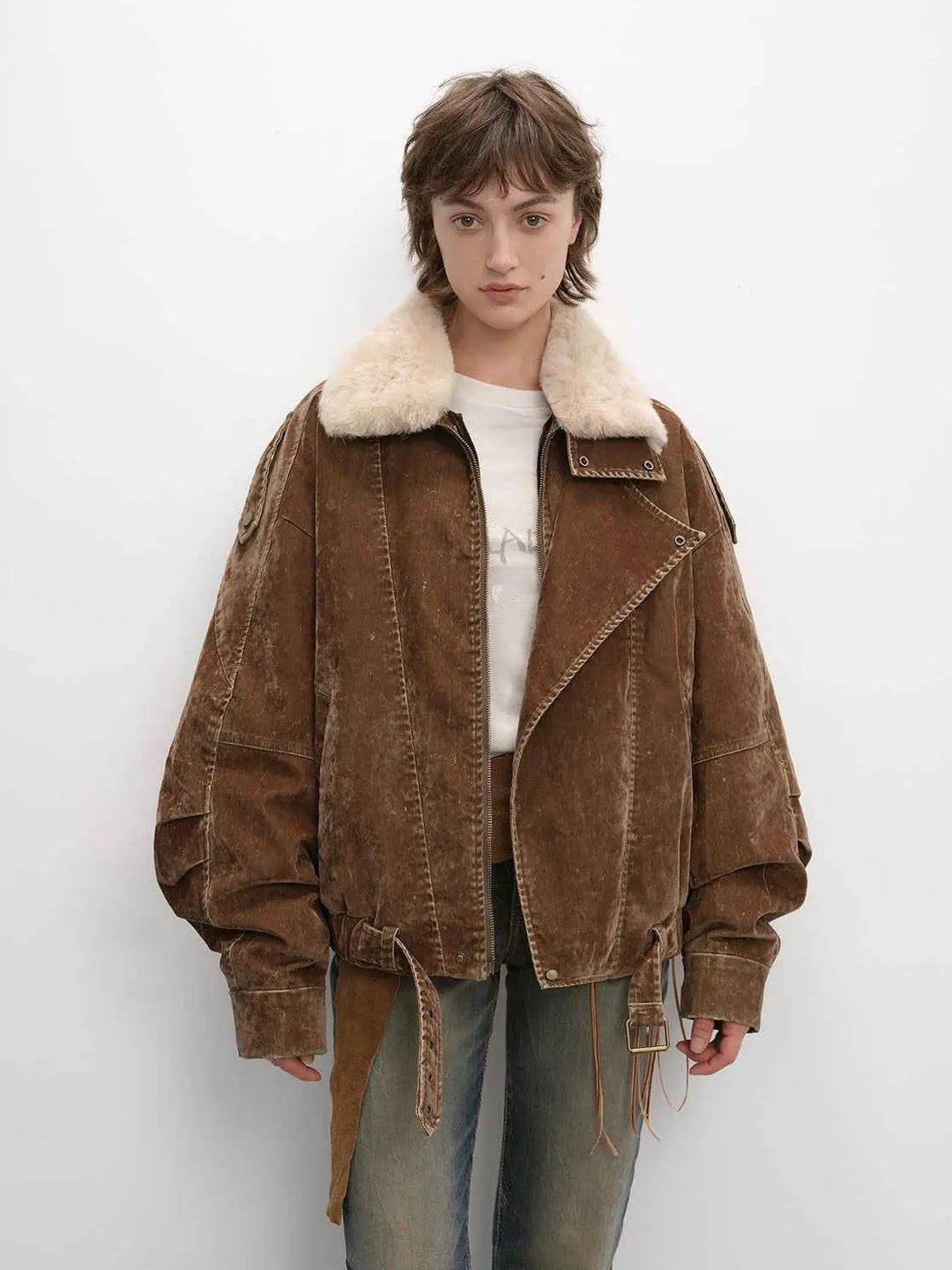 Fireladyfur Women’s Flocked Denim Goose Down Parka with Detachable Fox Fur Collar“City Travel”