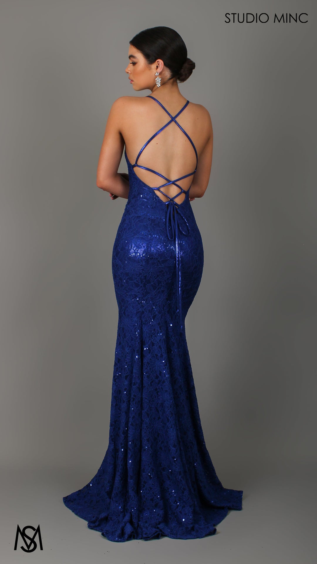 Passion - Cobalt Blue Formal Dress, Floral Lace V Neckline Backless Lace Up Fitted Mermaid