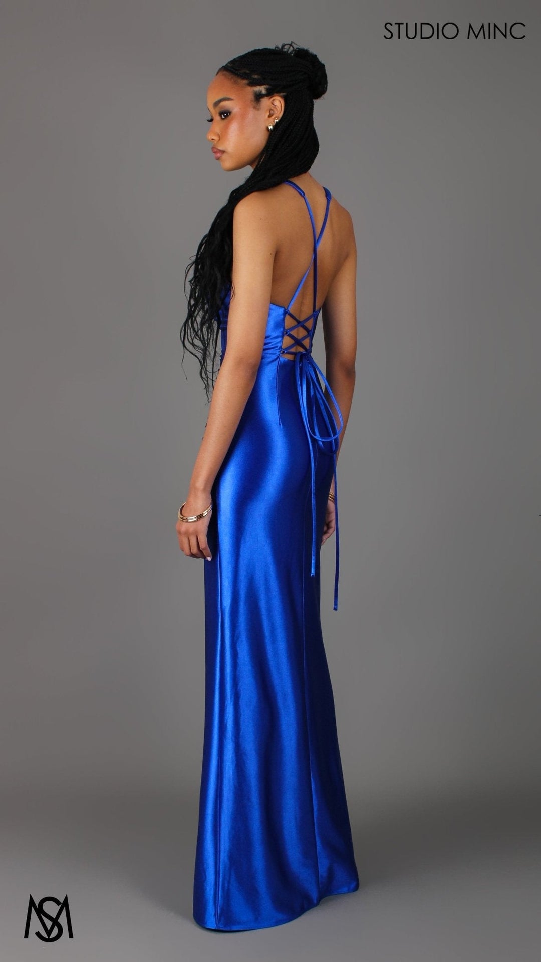 Sicily - Cobalt Blue Formal Dress, Satin V Plunge neckline Cowl fitted backless leg slit