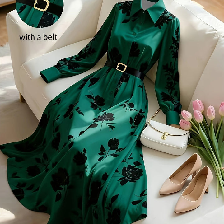 Spring/Autumn New French Retro Floral Print, Elegant Long Dress with Belt, Women&